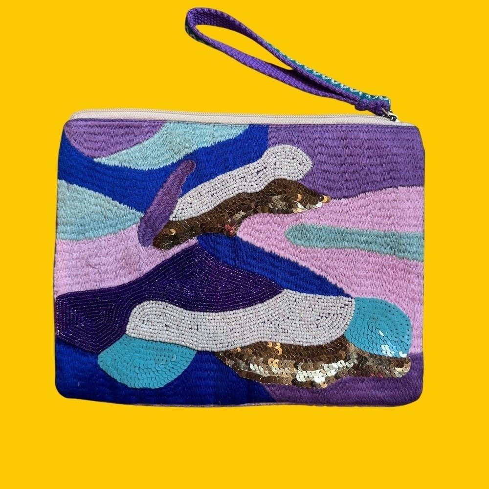 America & Beyond Beaded Wristlet Pouch Womens OS Purple Abstract Boho Clutch EX